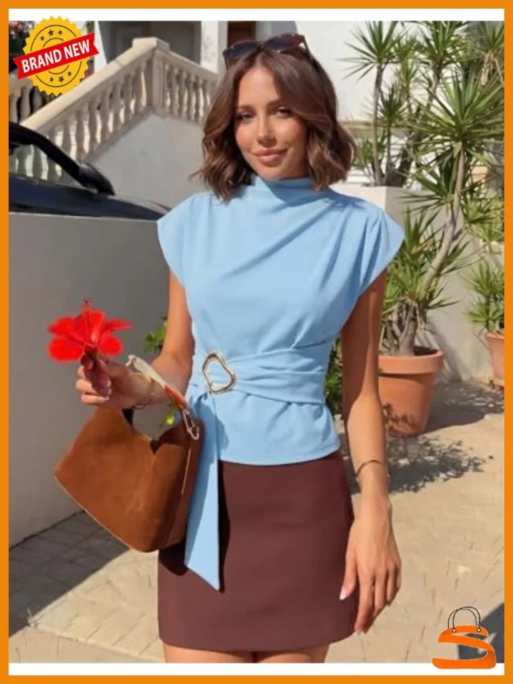 Mock Neck Cap Sleeve Blouse with Belt Back Zip - Picture 2 of 6